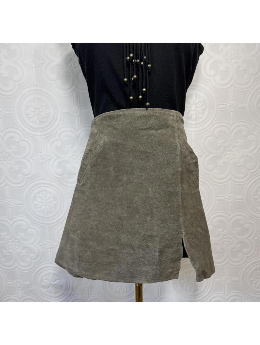 Suede Mini Skirt Womens 27 Olive Khaki Green Zip Side Slit Leather Blank NYC